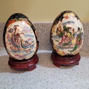 Vintage Japanese Satsuma Style Geisha Girls Decorative Eggs with Wooden Stands